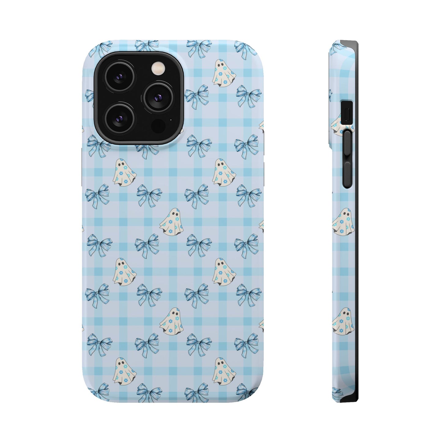Blue Gingham Ghosts & Bows MagSafe® iPhone Tough Case