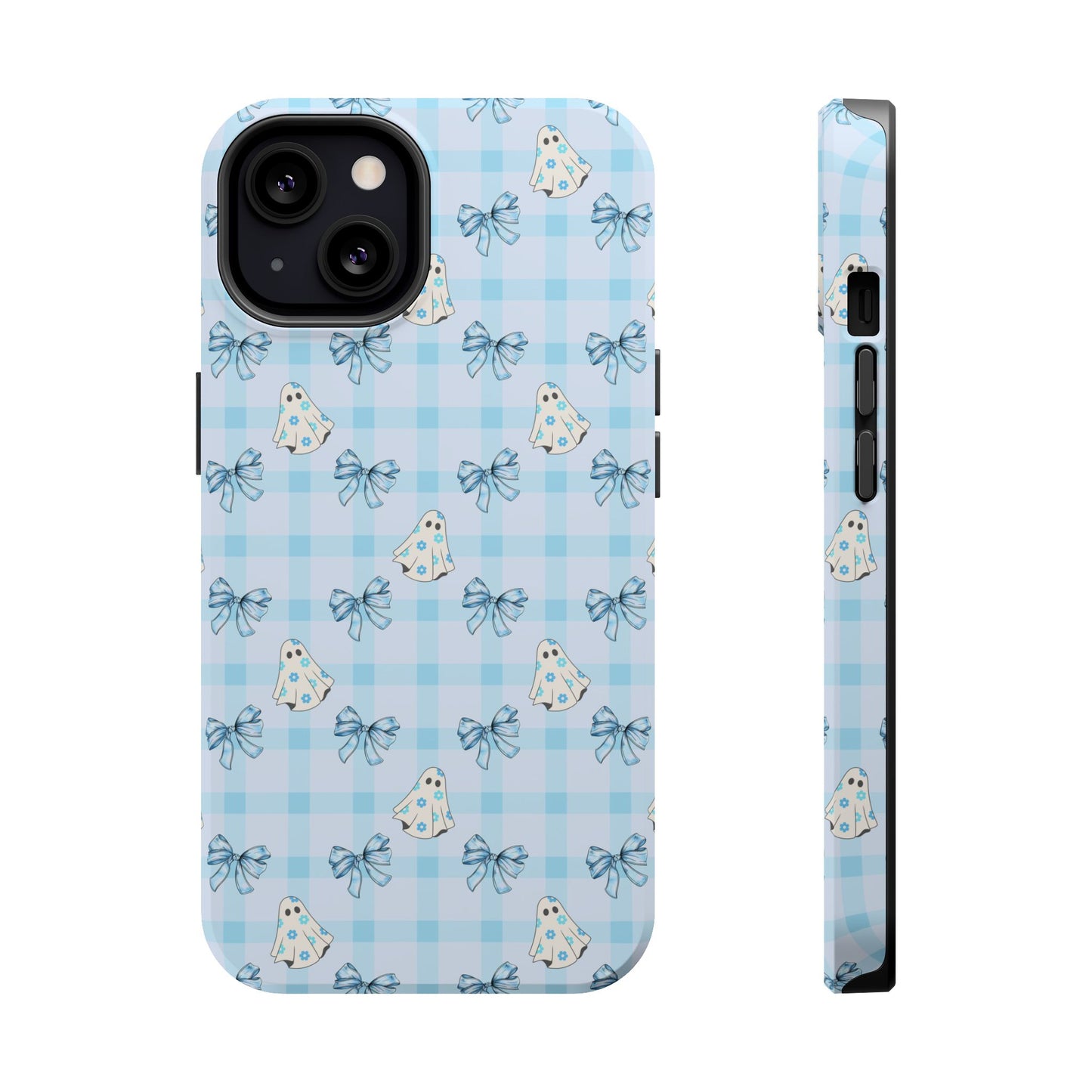 Blue Gingham Ghosts & Bows MagSafe® iPhone Tough Case