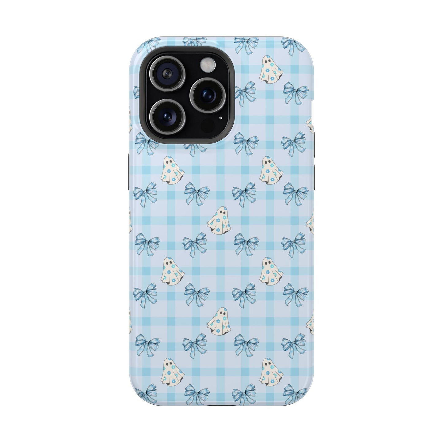 Blue Gingham Ghosts & Bows MagSafe® iPhone Tough Case