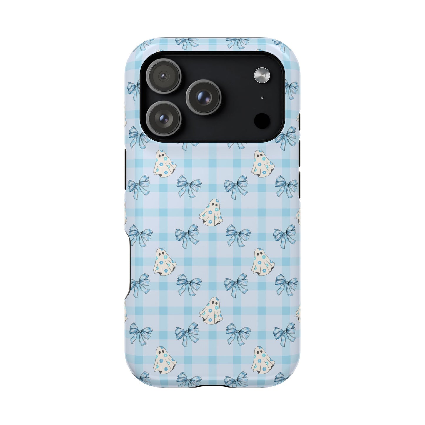 Blue Gingham Ghosts & Bows MagSafe® iPhone Tough Case