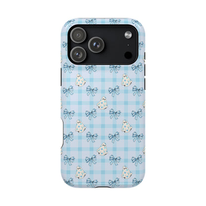 Blue Gingham Ghosts & Bows MagSafe® iPhone Tough Case