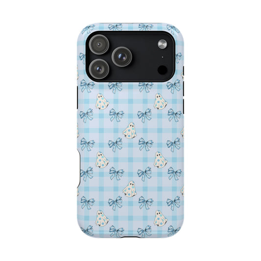 Blue Gingham Ghosts & Bows MagSafe® iPhone Tough Case