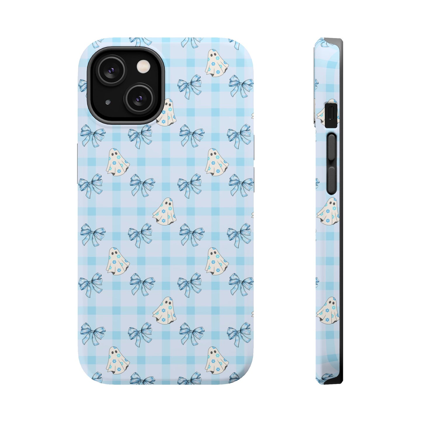 Blue Gingham Ghosts & Bows MagSafe® iPhone Tough Case