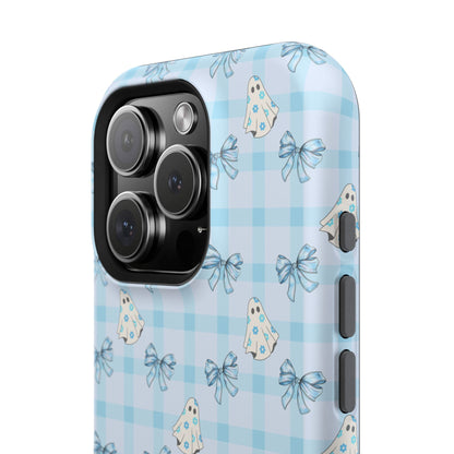 Blue Gingham Ghosts & Bows MagSafe® iPhone Tough Case
