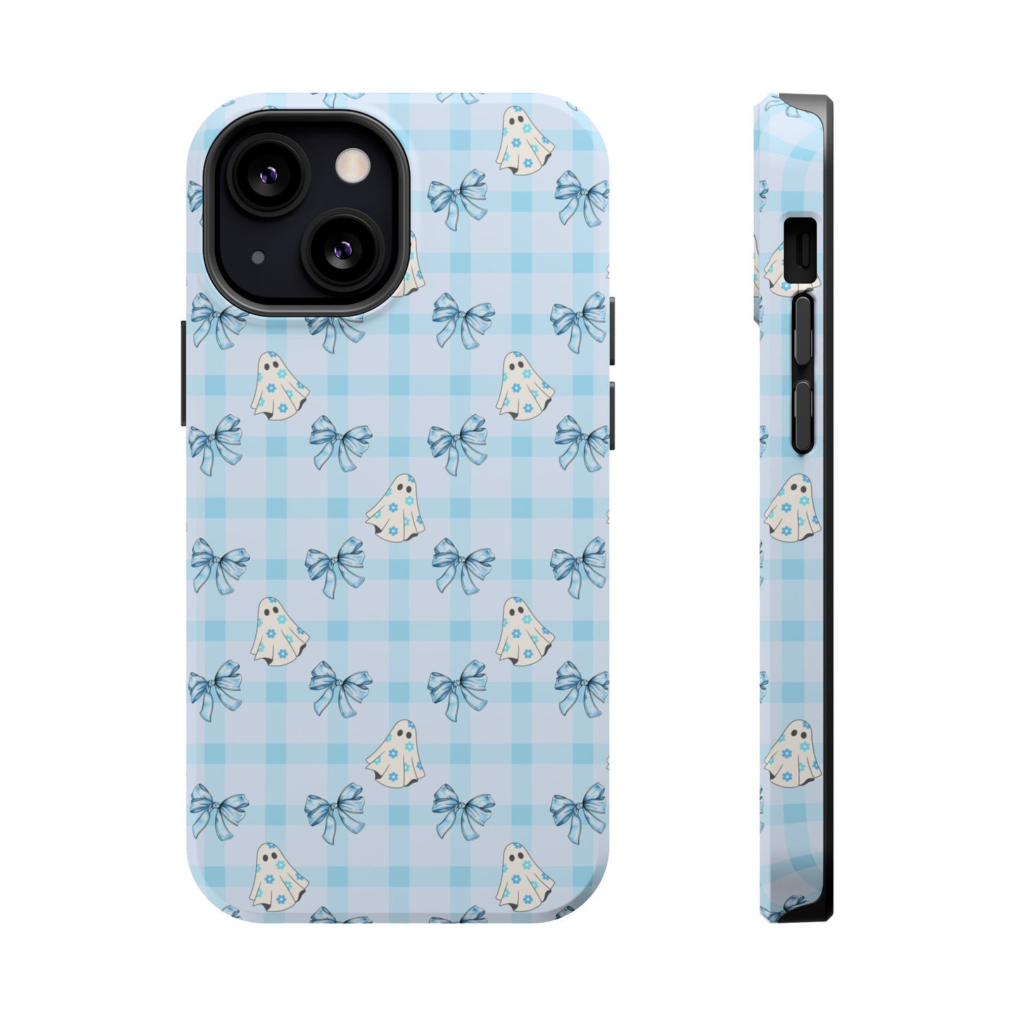 Blue Gingham Ghosts & Bows MagSafe® iPhone Tough Case