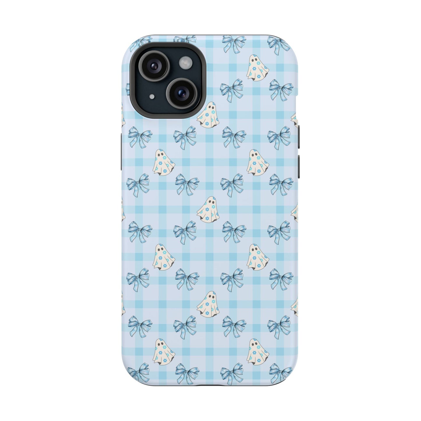 Blue Gingham Ghosts & Bows MagSafe® iPhone Tough Case