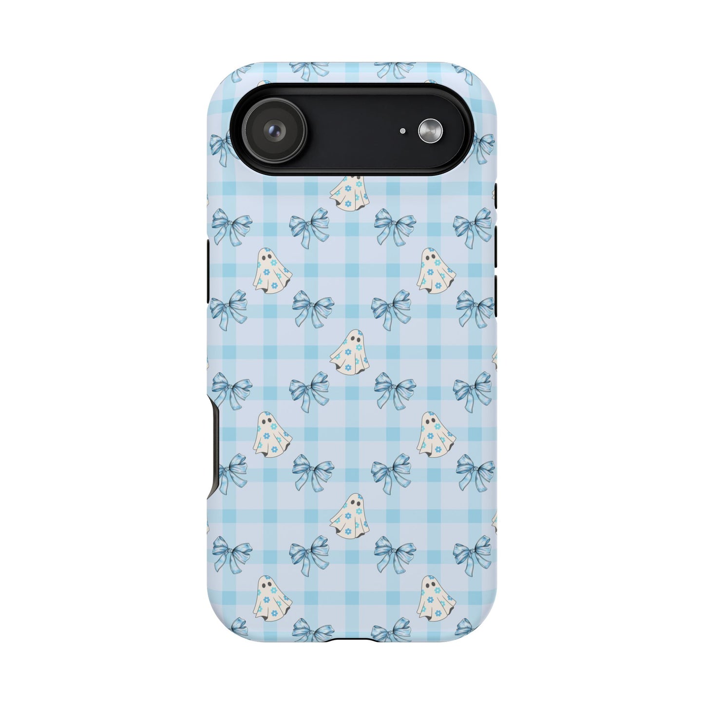 Blue Gingham Ghosts & Bows MagSafe® iPhone Tough Case