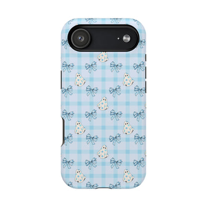 Blue Gingham Ghosts & Bows MagSafe® iPhone Tough Case