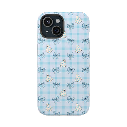 Blue Gingham Ghosts & Bows MagSafe® iPhone Tough Case