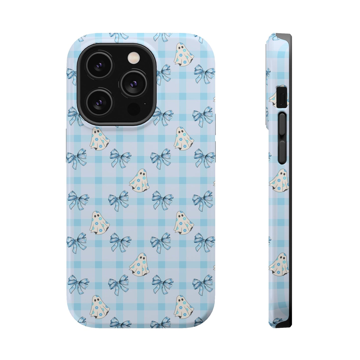 Blue Gingham Ghosts & Bows MagSafe® iPhone Tough Case