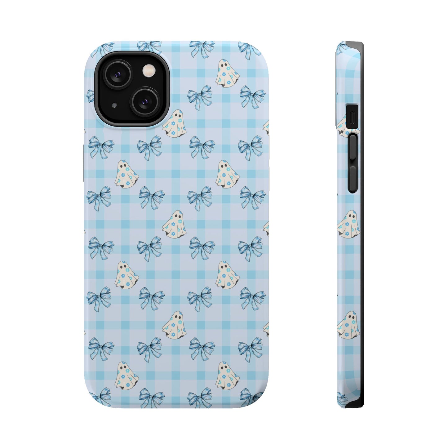 Blue Gingham Ghosts & Bows MagSafe® iPhone Tough Case