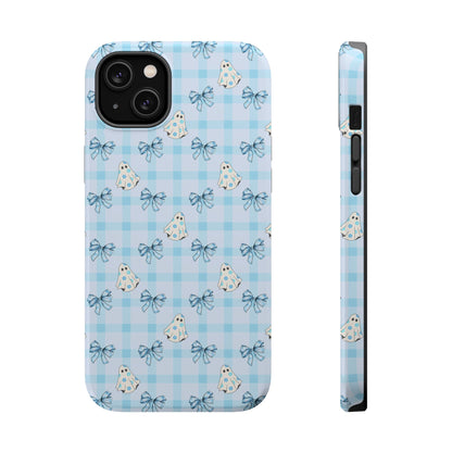 Blue Gingham Ghosts & Bows MagSafe® iPhone Tough Case