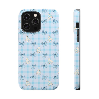 Blue Gingham Ghosts & Bows MagSafe® iPhone Tough Case