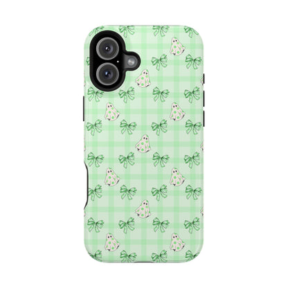 Green Gingham Ghosts & Bows MagSafe® iPhone Tough Case