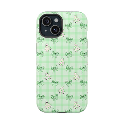 Green Gingham Ghosts & Bows MagSafe® iPhone Tough Case