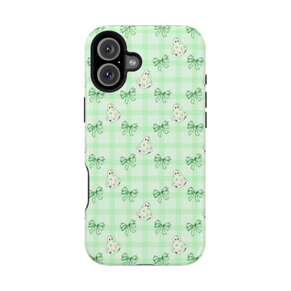 Green Gingham Ghosts & Bows MagSafe® iPhone Tough Case