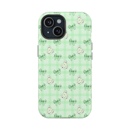 Green Gingham Ghosts & Bows MagSafe® iPhone Tough Case
