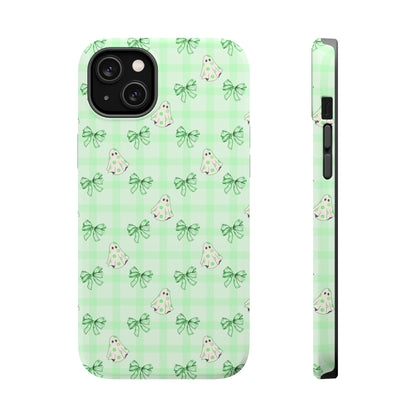 Green Gingham Ghosts & Bows MagSafe® iPhone Tough Case
