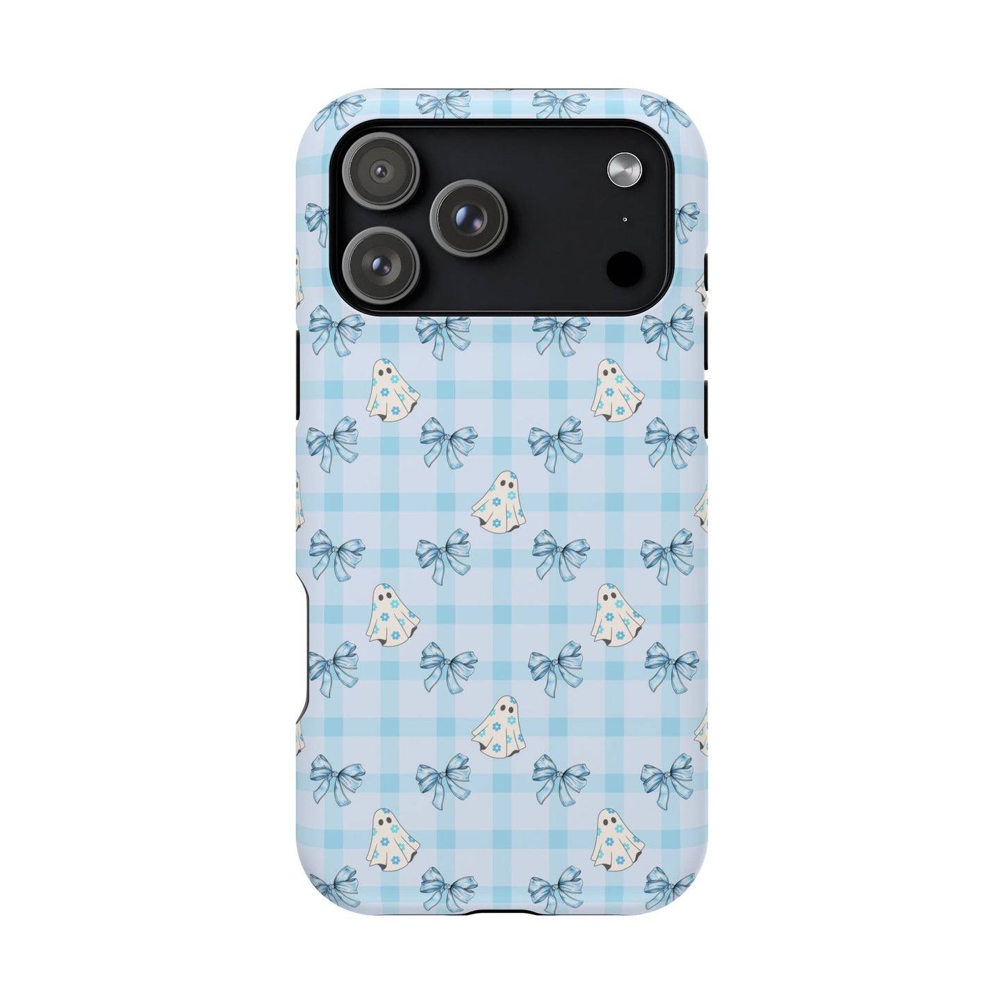 Blue Gingham Ghosts & Bows MagSafe® iPhone Tough Case