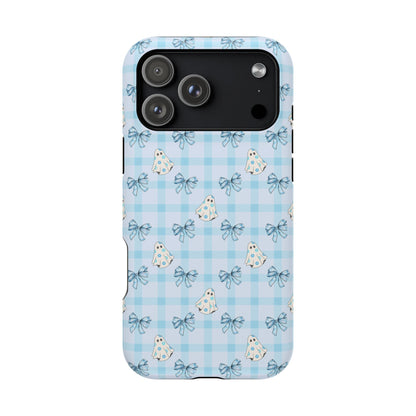 Blue Gingham Ghosts & Bows MagSafe® iPhone Tough Case