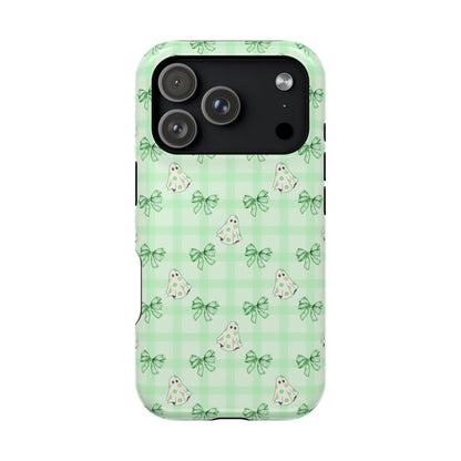Green Gingham Ghosts & Bows MagSafe® iPhone Tough Case