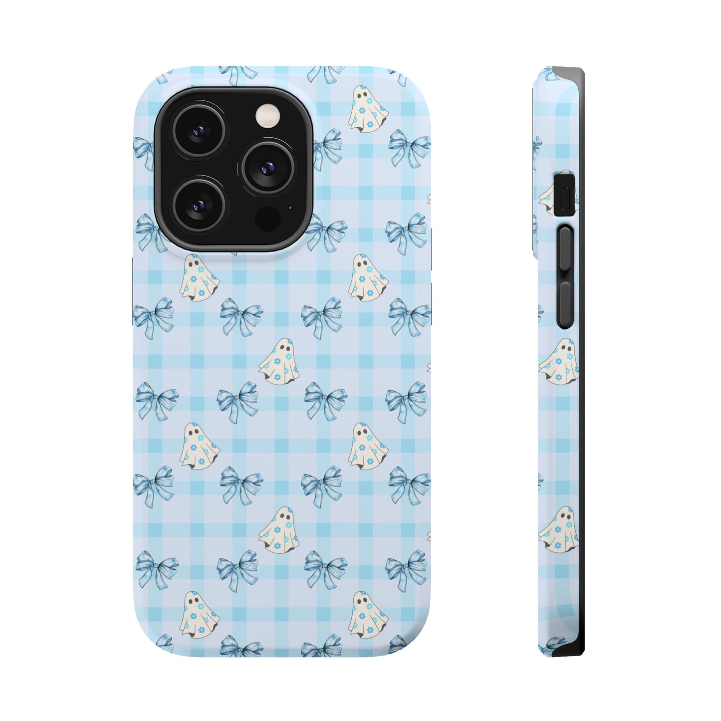 Blue Gingham Ghosts & Bows MagSafe® iPhone Tough Case
