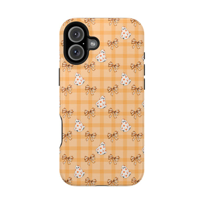 Orange Gingham Ghosts & Bows MagSafe® iPhone Tough Case