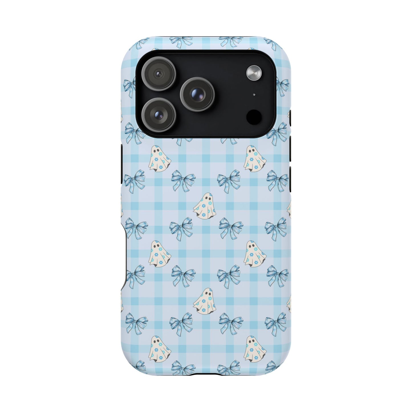Blue Gingham Ghosts & Bows MagSafe® iPhone Tough Case
