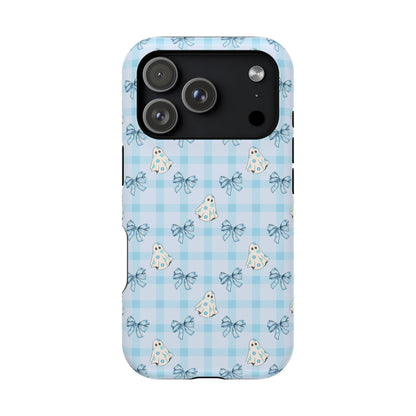 Blue Gingham Ghosts & Bows MagSafe® iPhone Tough Case
