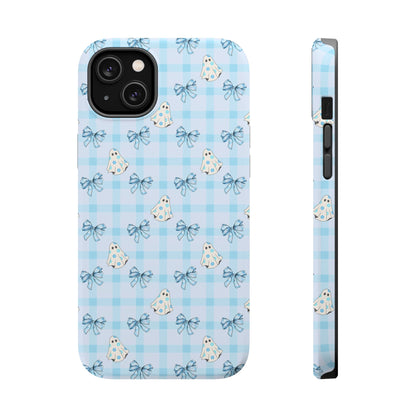 Blue Gingham Ghosts & Bows MagSafe® iPhone Tough Case