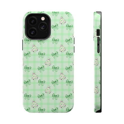 Green Gingham Ghosts & Bows MagSafe® iPhone Tough Case