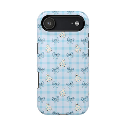 Blue Gingham Ghosts & Bows MagSafe® iPhone Tough Case
