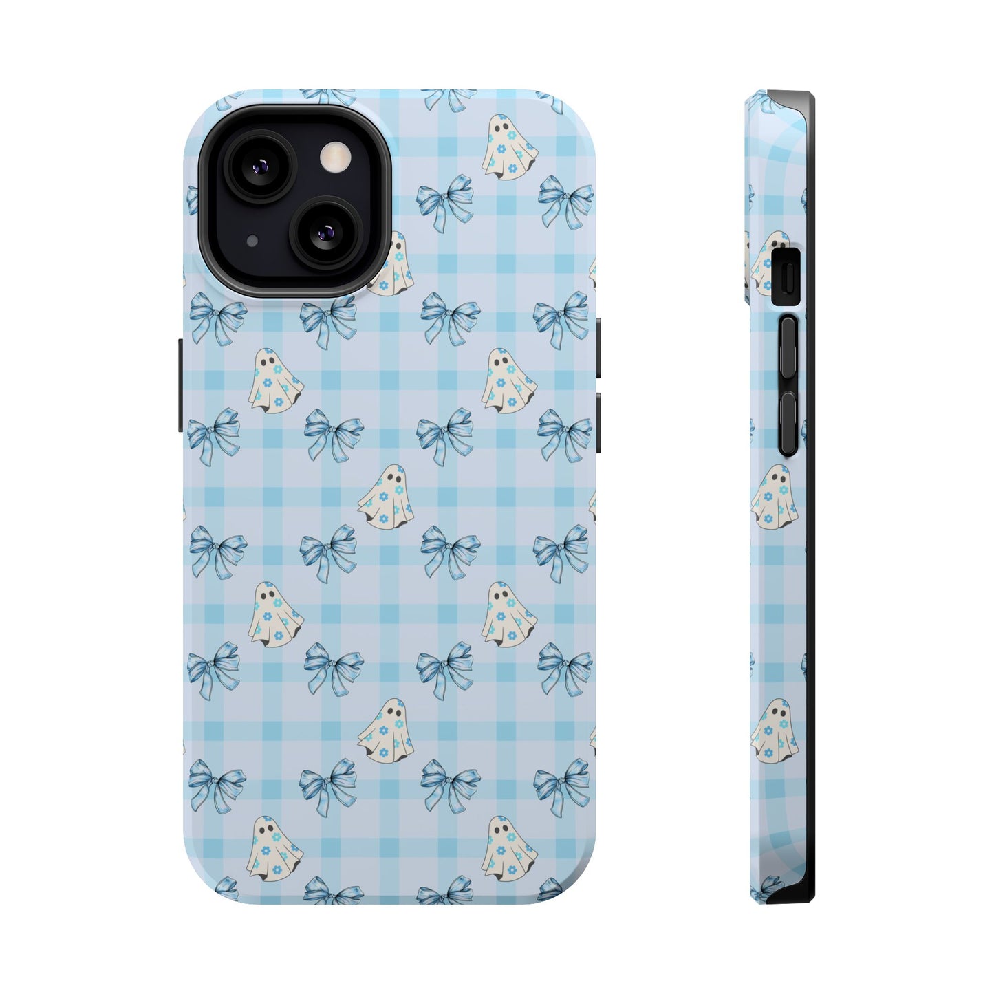 Blue Gingham Ghosts & Bows MagSafe® iPhone Tough Case