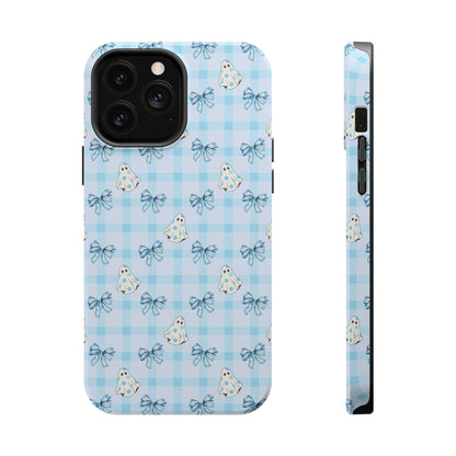 Blue Gingham Ghosts & Bows MagSafe® iPhone Tough Case