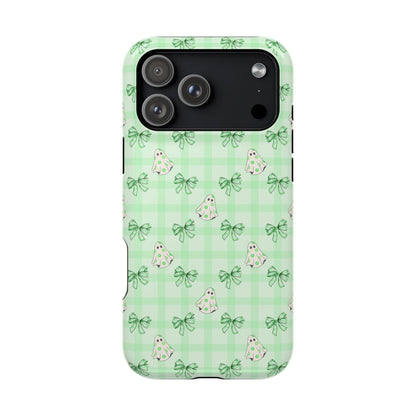Green Gingham Ghosts & Bows MagSafe® iPhone Tough Case