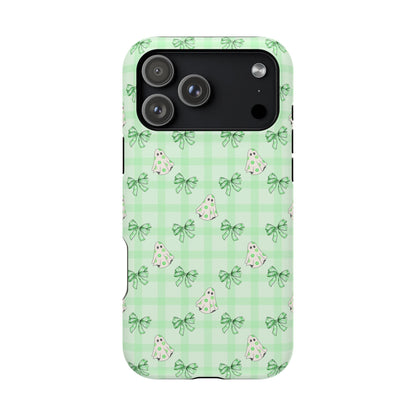 Green Gingham Ghosts & Bows MagSafe® iPhone Tough Case