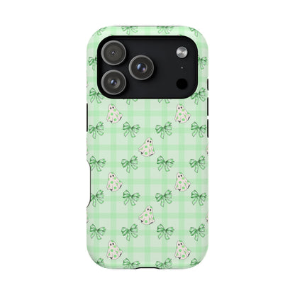 Green Gingham Ghosts & Bows MagSafe® iPhone Tough Case